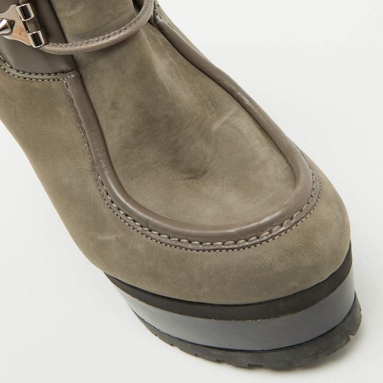Pre Owned Sergio Rossi Grey Nubuck Leather Woolen Wedge Ankle Boots Size 38
