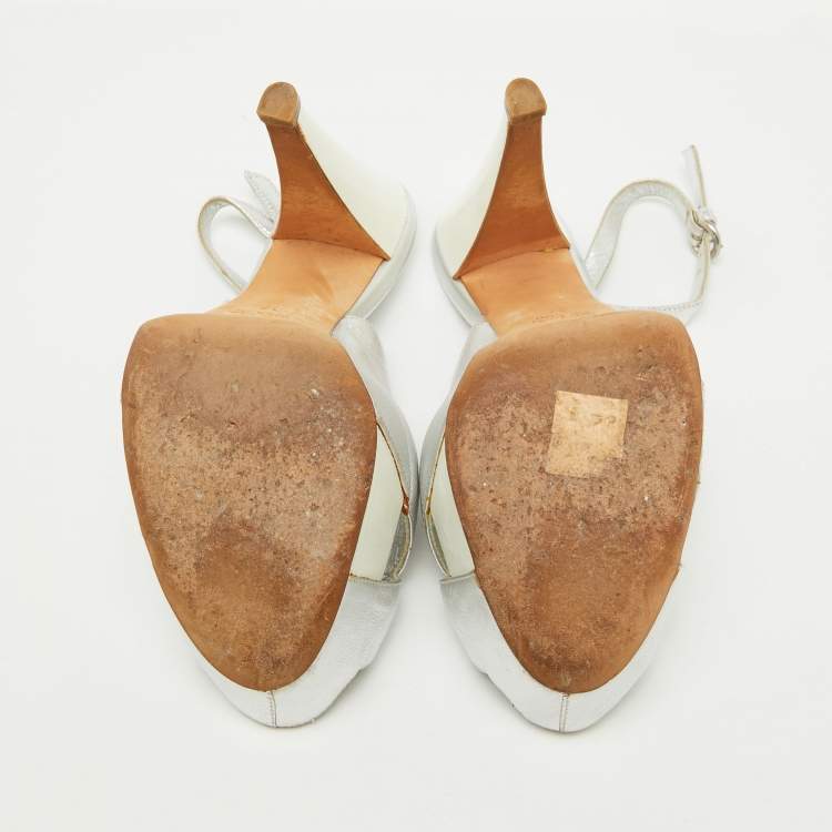Pre Owned Sergio Rossi Silver Leather Slingback Platform Sandals Size 37