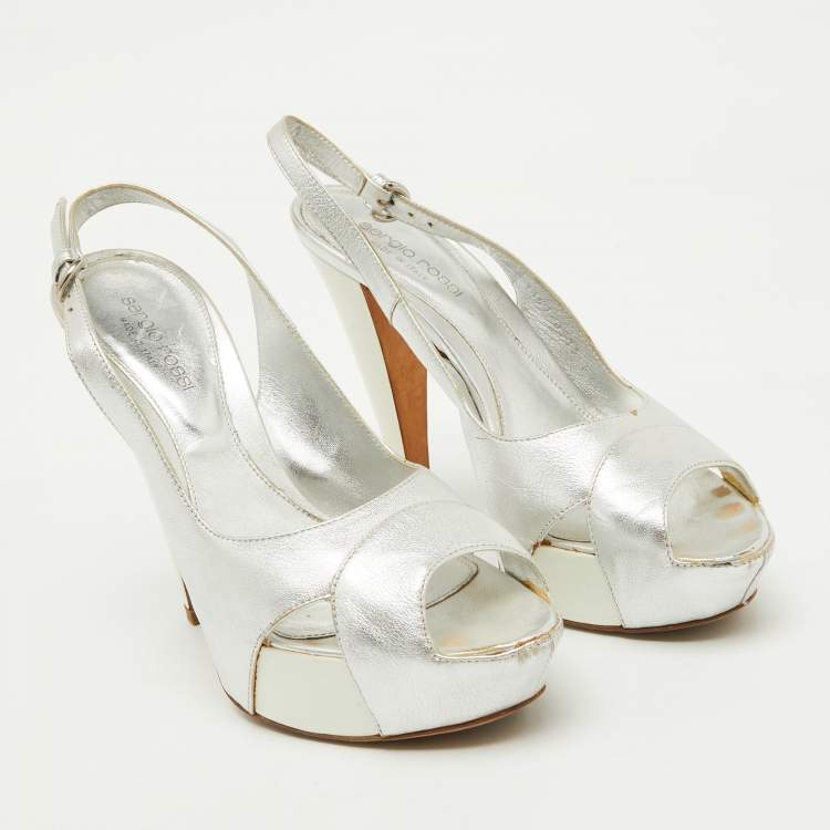 Pre Owned Sergio Rossi Silver Leather Slingback Platform Sandals Size 37