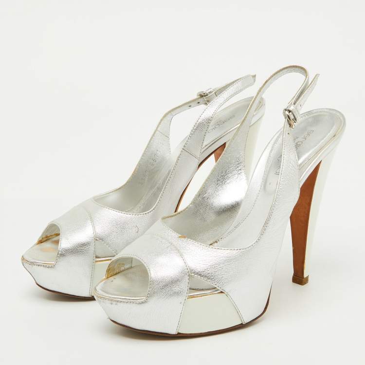 Pre Owned Sergio Rossi Silver Leather Slingback Platform Sandals Size 37