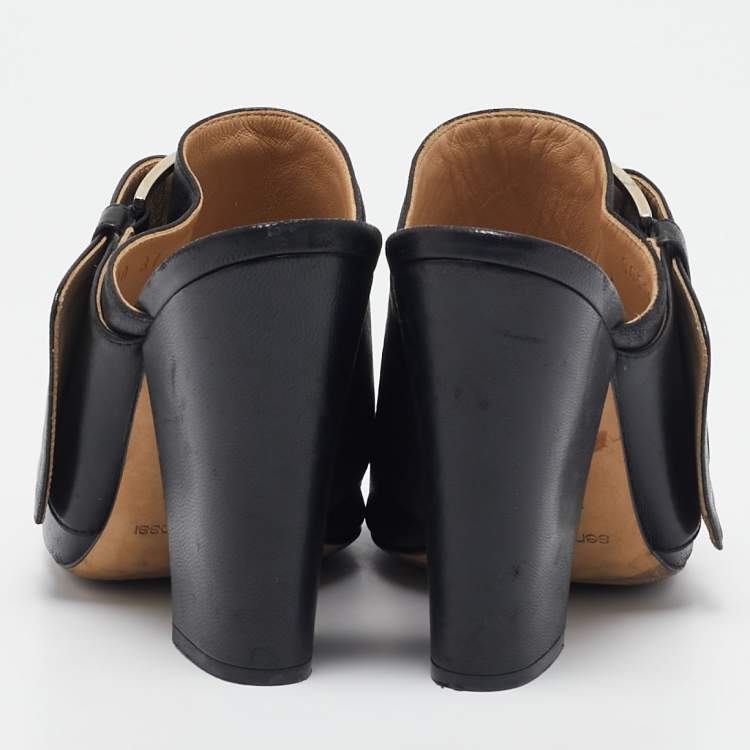 Pre Owned Sergio Rossi Black Leather Buckle Slide Sandals Size 37