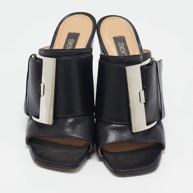 Pre Owned Sergio Rossi Black Leather Buckle Slide Sandals Size 37