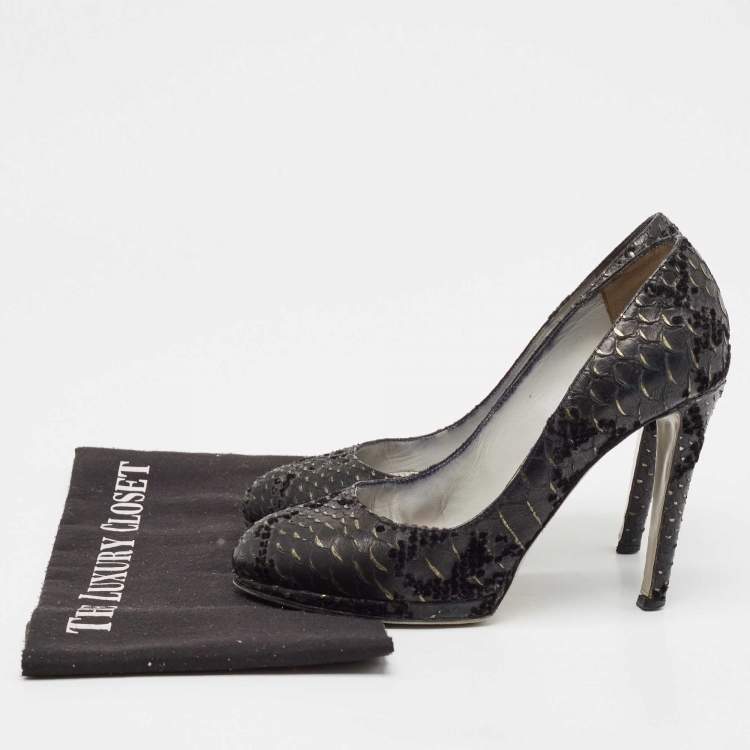 Pre Owned Sergio Rossi Black Python Embossed Leather Platform Pumps Size 36.5