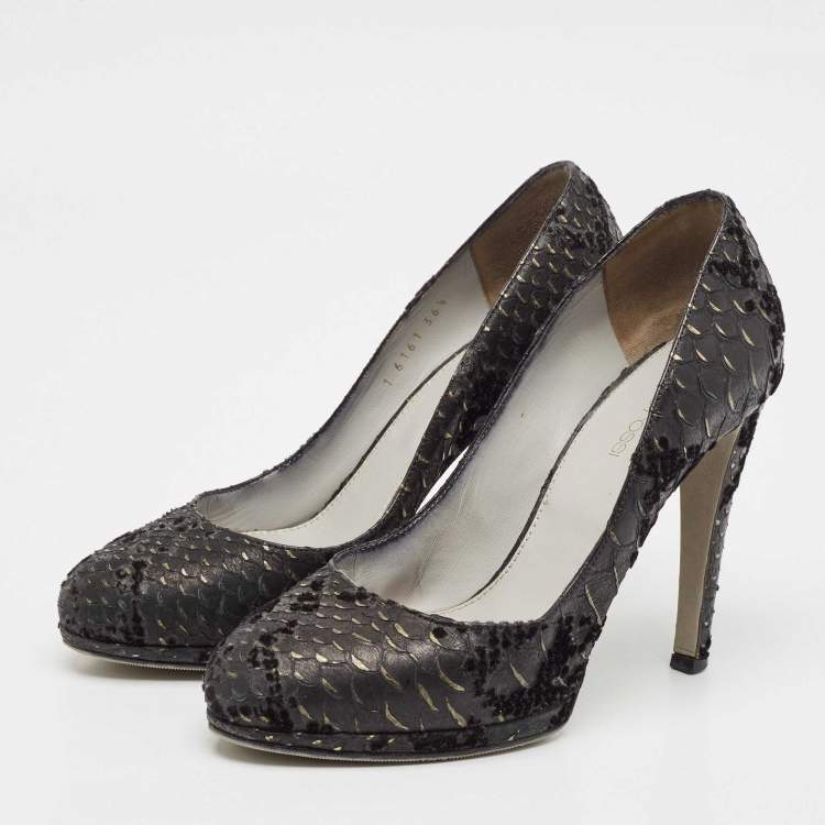 Pre Owned Sergio Rossi Black Python Embossed Leather Platform Pumps Size 36.5