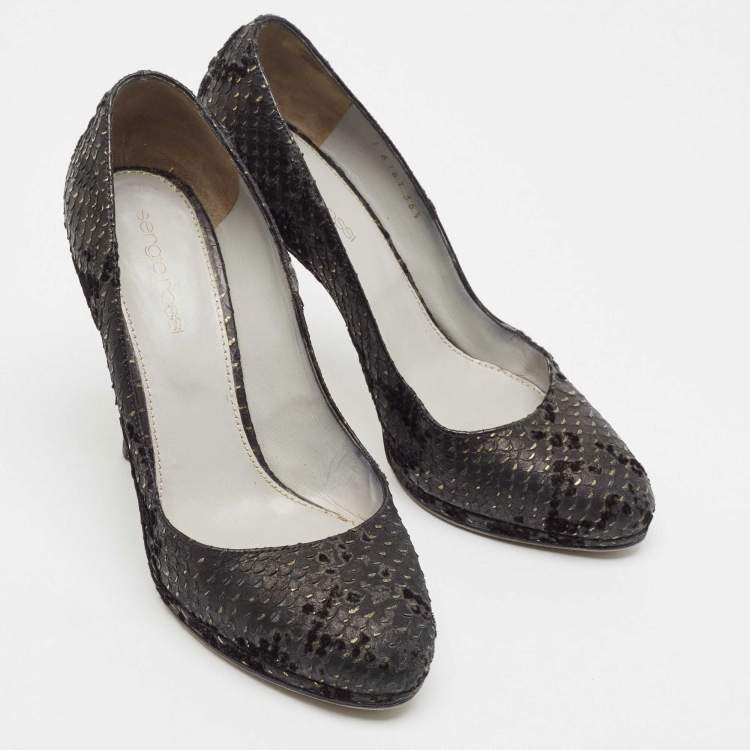 Pre Owned Sergio Rossi Black Python Embossed Leather Platform Pumps Size 36.5