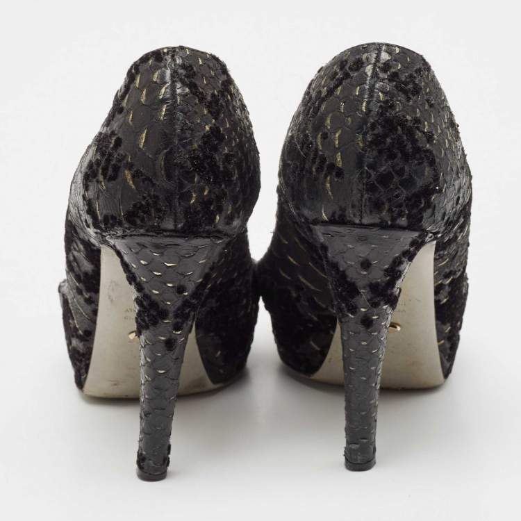 Pre Owned Sergio Rossi Black Python Embossed Leather Platform Pumps Size 36.5