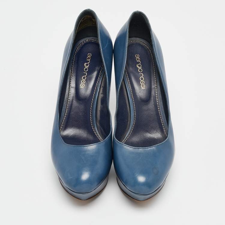 Pre Owned Sergio Rossi Blue Leather Platform Pumps Size 36.5