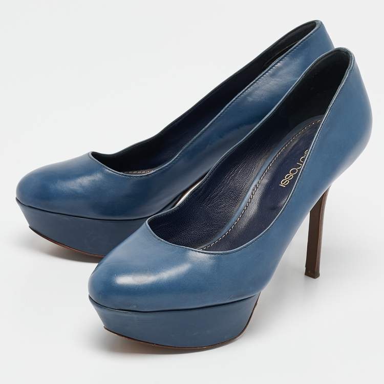 Pre Owned Sergio Rossi Blue Leather Platform Pumps Size 36.5