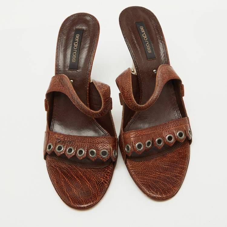 Pre Owned Sergio Rossi Brown Croc Embossed Leather Slide Sandals Size 39