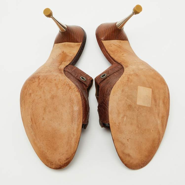 Pre Owned Sergio Rossi Brown Croc Embossed Leather Slide Sandals Size 39