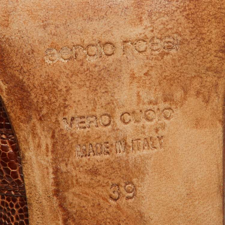 Pre Owned Sergio Rossi Brown Croc Embossed Leather Slide Sandals Size 39