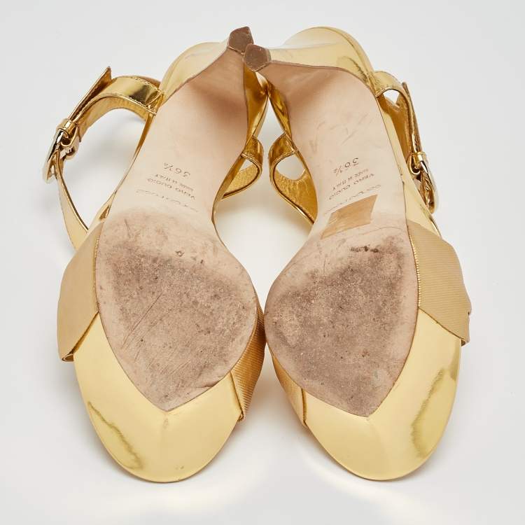 Pre Owned Sergio Rossi Gold Leather Platform Ankle Strap Sandals Size 36.5
