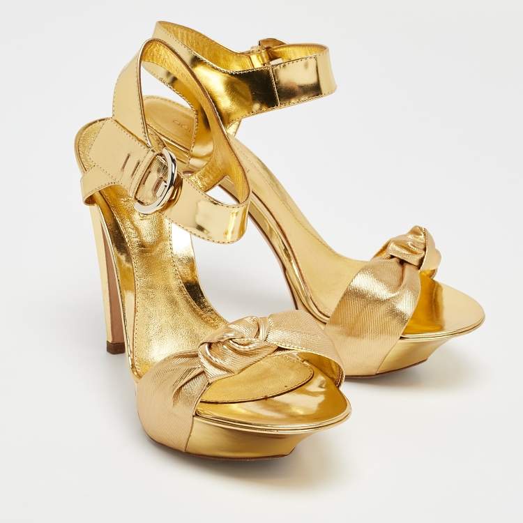 Pre Owned Sergio Rossi Gold Leather Platform Ankle Strap Sandals Size 36.5