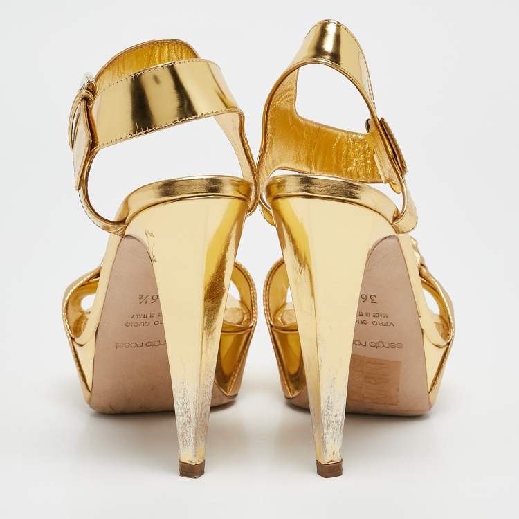 Pre Owned Sergio Rossi Gold Leather Platform Ankle Strap Sandals Size 36.5