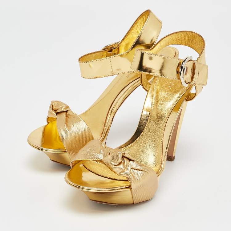 Pre Owned Sergio Rossi Gold Leather Platform Ankle Strap Sandals Size 36.5
