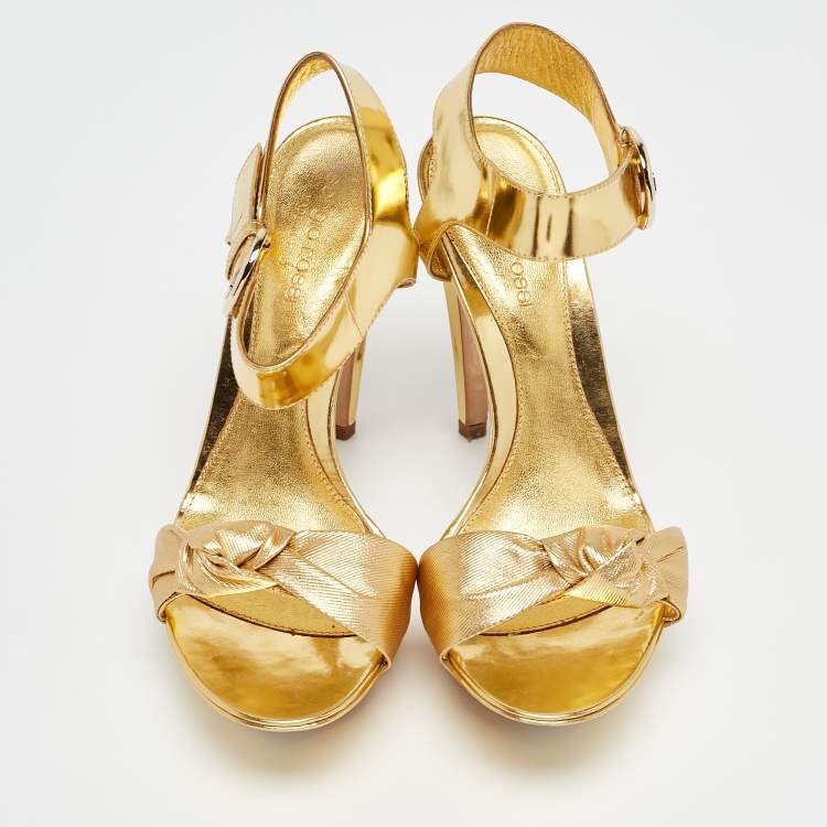 Pre Owned Sergio Rossi Gold Leather Platform Ankle Strap Sandals Size 36.5