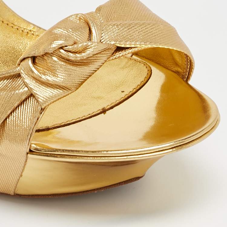 Pre Owned Sergio Rossi Gold Leather Platform Ankle Strap Sandals Size 36.5