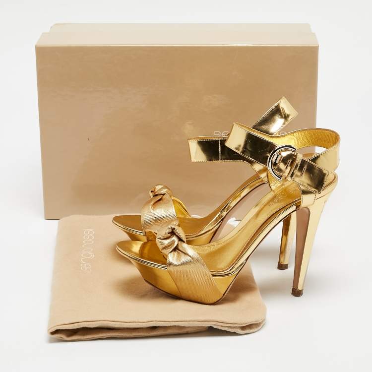 Pre Owned Sergio Rossi Gold Leather Platform Ankle Strap Sandals Size 36.5