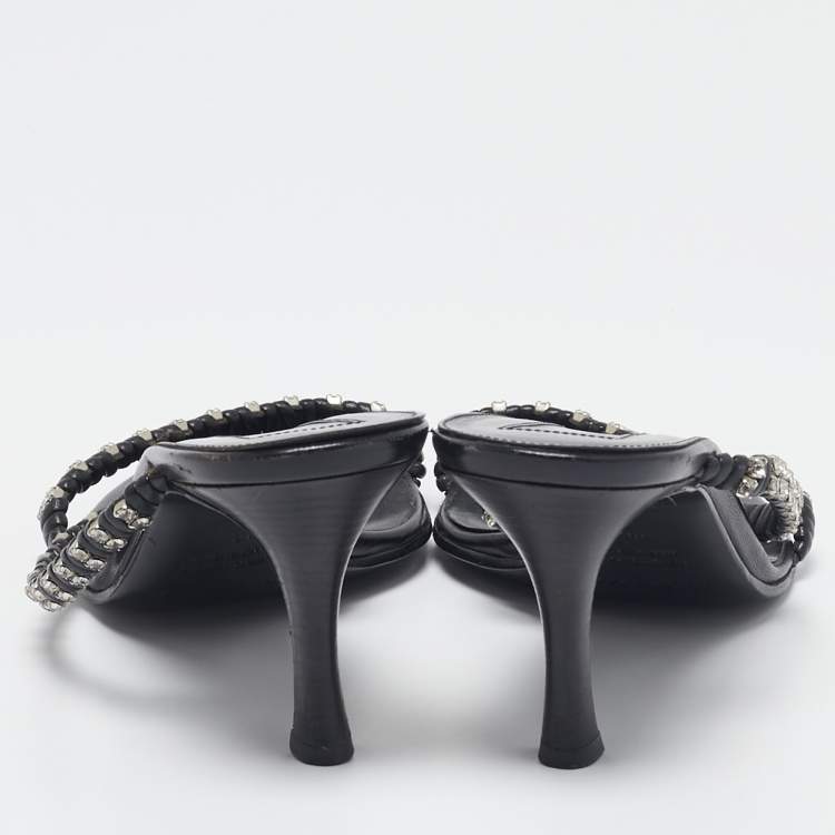 Pre Owned Sergio Rossi Black Leather Crystal Embellished Slide Sandals Size 38.5