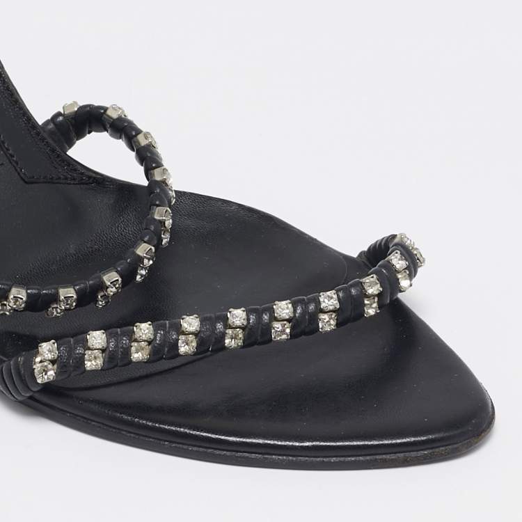 Pre Owned Sergio Rossi Black Leather Crystal Embellished Slide Sandals Size 38.5