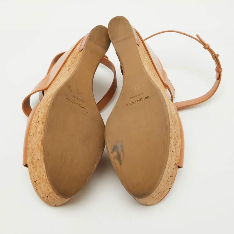 مملوكة مسبقًا Sergio Rossi Tan Leather Strappy Cork Platform Wedge Sandals Size 39