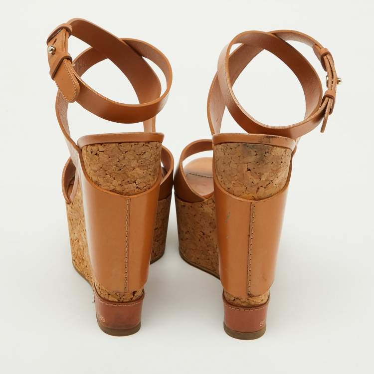 مملوكة مسبقًا Sergio Rossi Tan Leather Strappy Cork Platform Wedge Sandals Size 39