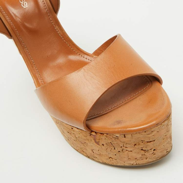 مملوكة مسبقًا Sergio Rossi Tan Leather Strappy Cork Platform Wedge Sandals Size 39