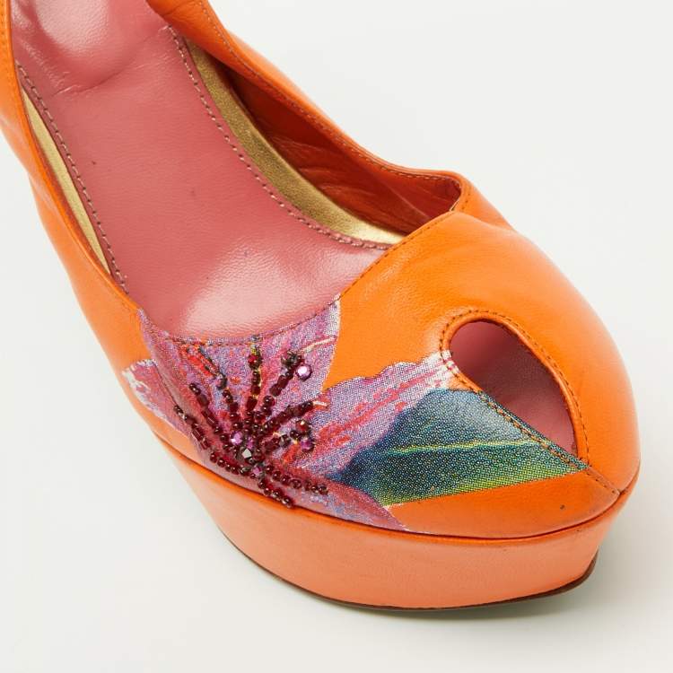 Pre Owned Sergio Rossi Orange Leather Floral Print Peep Toe Platform Slingback Sandals Size 40