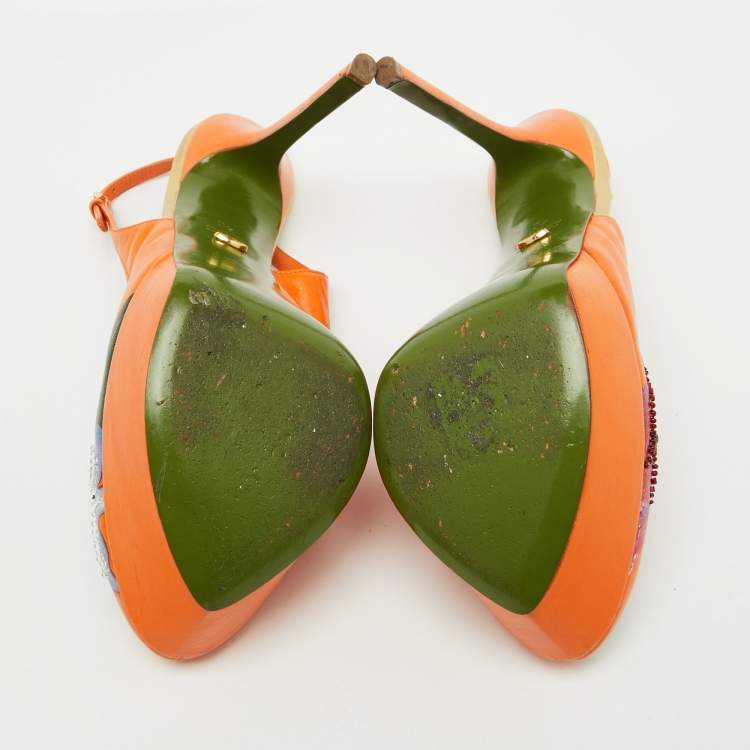 Pre Owned Sergio Rossi Orange Leather Floral Print Peep Toe Platform Slingback Sandals Size 40