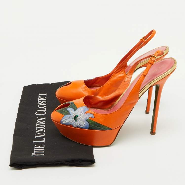 Pre Owned Sergio Rossi Orange Leather Floral Print Peep Toe Platform Slingback Sandals Size 40
