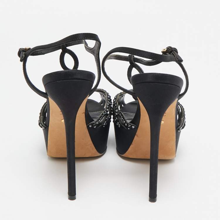 Pre Owned Sergio Rossi Black Satin Crystal Embellished Strappy Platform Sandals Size 37.5