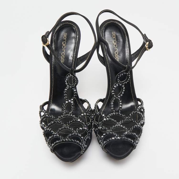 Pre Owned Sergio Rossi Black Satin Crystal Embellished Strappy Platform Sandals Size 37.5