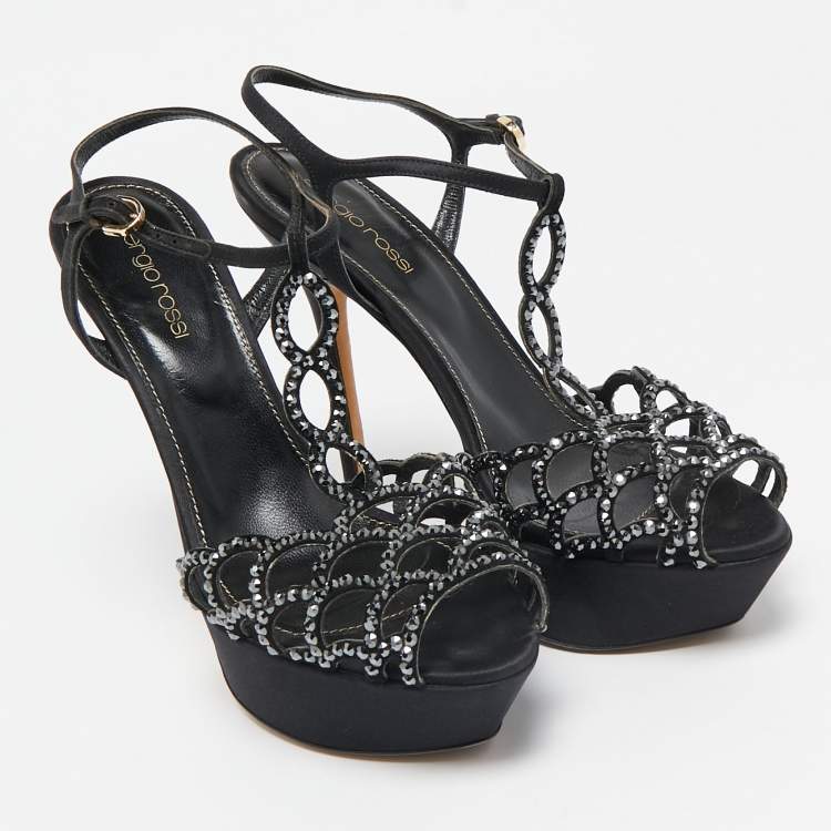 Pre Owned Sergio Rossi Black Satin Crystal Embellished Strappy Platform Sandals Size 37.5