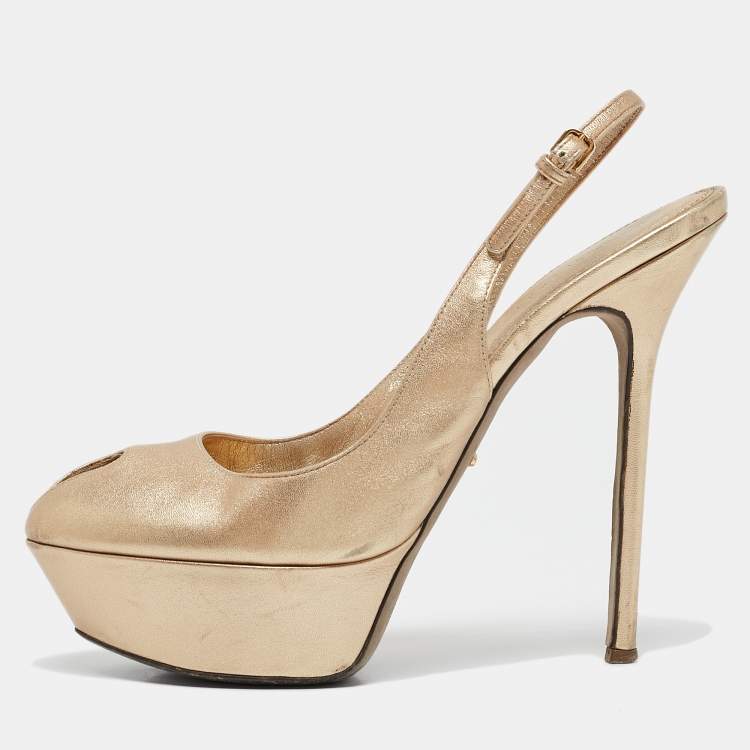 Pre Owned Sergio Rossi Gold Leather Peep Toe Platform Slingback Sandals Size 38