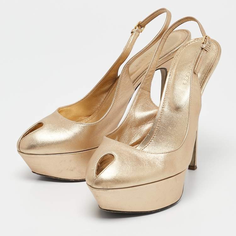 Pre Owned Sergio Rossi Gold Leather Peep Toe Platform Slingback Sandals Size 38