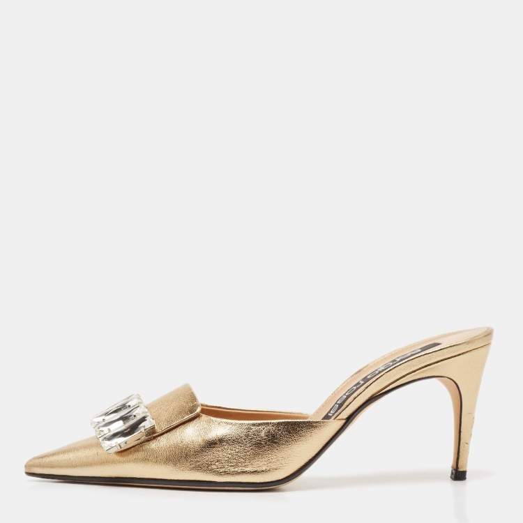 Pre Owned Sergio Rossi Gold Leather Crystal Embellished Mules Size 39