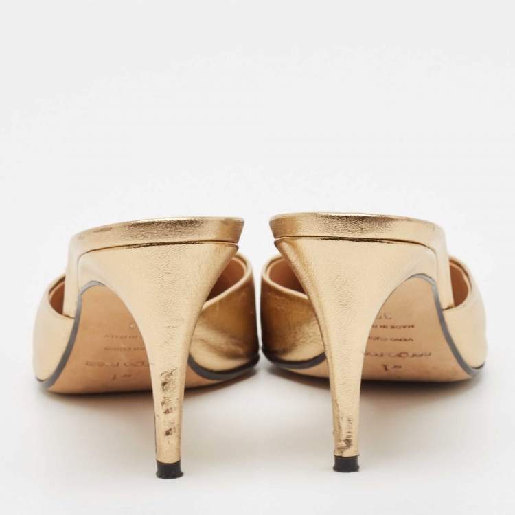Pre Owned Sergio Rossi Gold Leather Crystal Embellished Mules Size 39
