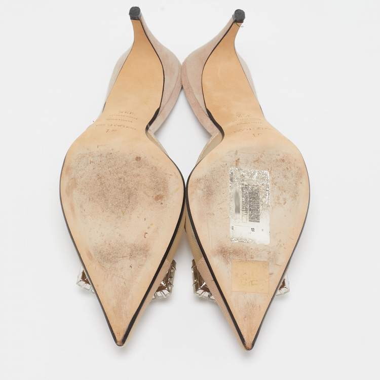 Pre Owned Sergio Rossi Beige Mesh Crystal Embellished Mules Size 39.5