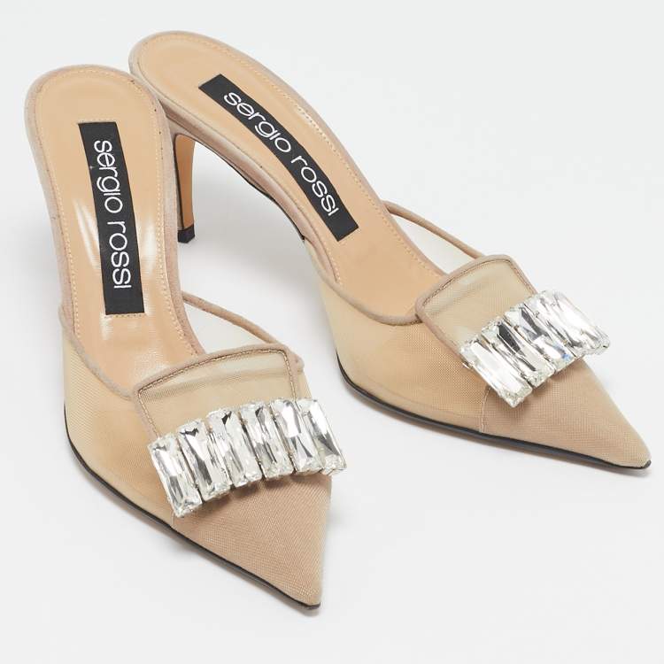 Pre Owned Sergio Rossi Beige Mesh Crystal Embellished Mules Size 39.5