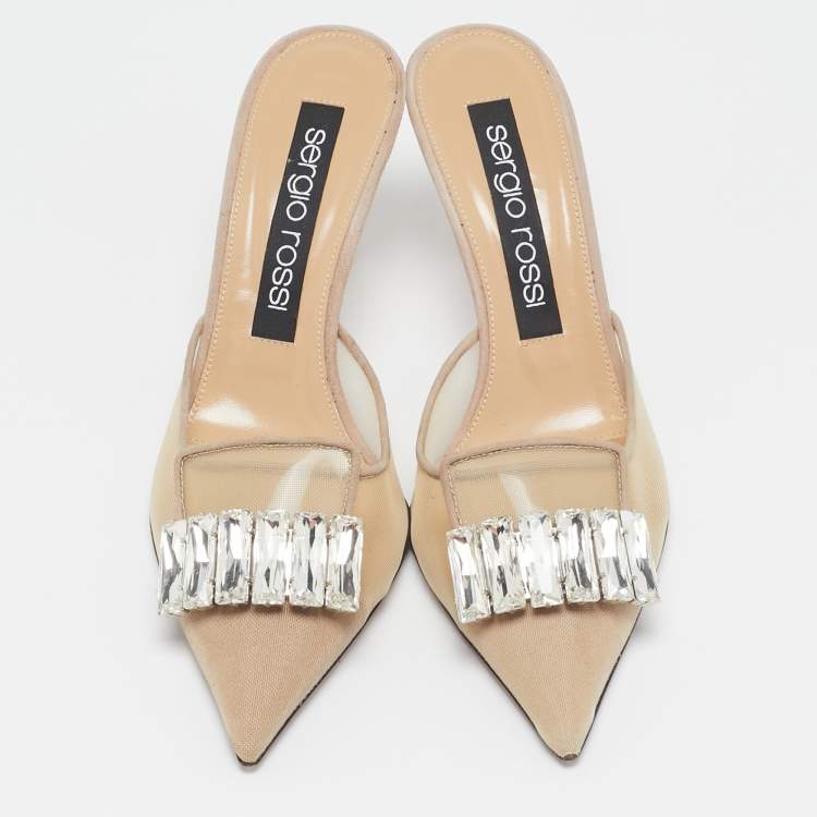 Pre Owned Sergio Rossi Beige Mesh Crystal Embellished Mules Size 39.5