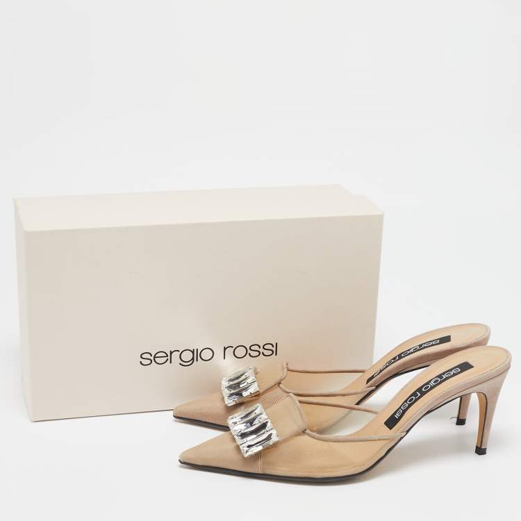 Pre Owned Sergio Rossi Beige Mesh Crystal Embellished Mules Size 39.5