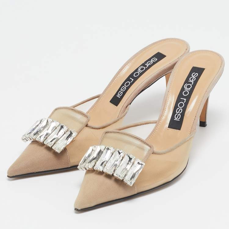 Pre Owned Sergio Rossi Beige Mesh Crystal Embellished Mules Size 39.5