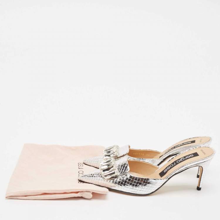 مملوكة مسبقًا Sergio Rossi Silver Snakeskin Embossed Leather Crystal Embellished Mules Size 38