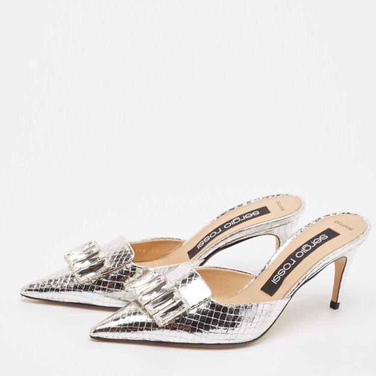 مملوكة مسبقًا Sergio Rossi Silver Snakeskin Embossed Leather Crystal Embellished Mules Size 38