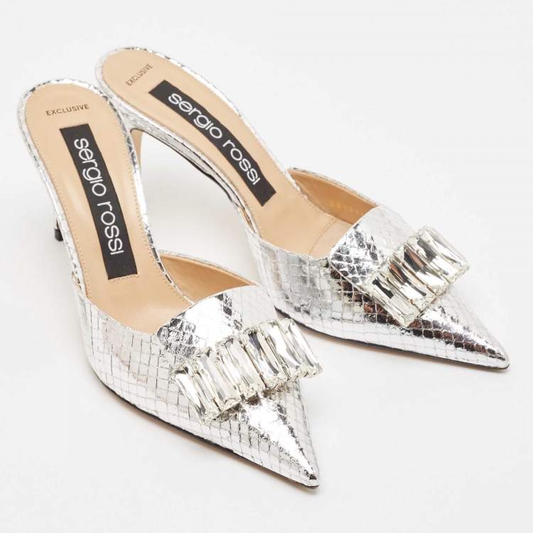 مملوكة مسبقًا Sergio Rossi Silver Snakeskin Embossed Leather Crystal Embellished Mules Size 38