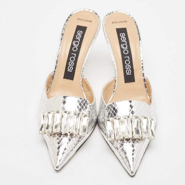 مملوكة مسبقًا Sergio Rossi Silver Snakeskin Embossed Leather Crystal Embellished Mules Size 38