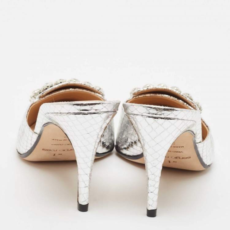 مملوكة مسبقًا Sergio Rossi Silver Snakeskin Embossed Leather Crystal Embellished Mules Size 38