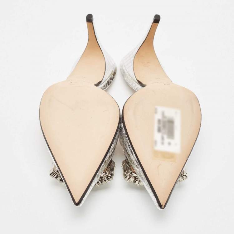مملوكة مسبقًا Sergio Rossi Silver Snakeskin Embossed Leather Crystal Embellished Mules Size 38