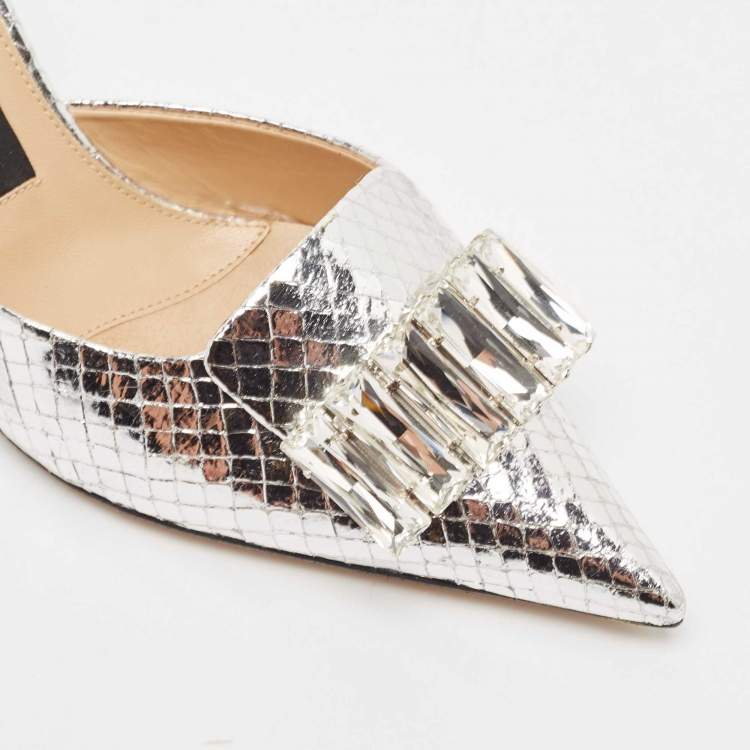 مملوكة مسبقًا Sergio Rossi Silver Snakeskin Embossed Leather Crystal Embellished Mules Size 38