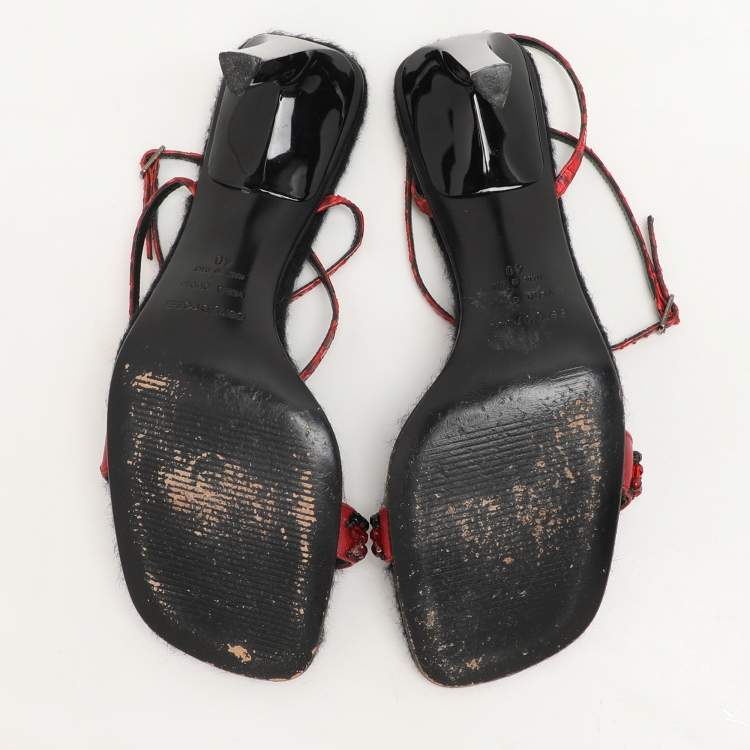 Pre Owned Sergio Rossi Red Leather and Python Ankle Strap Sandals Size 40